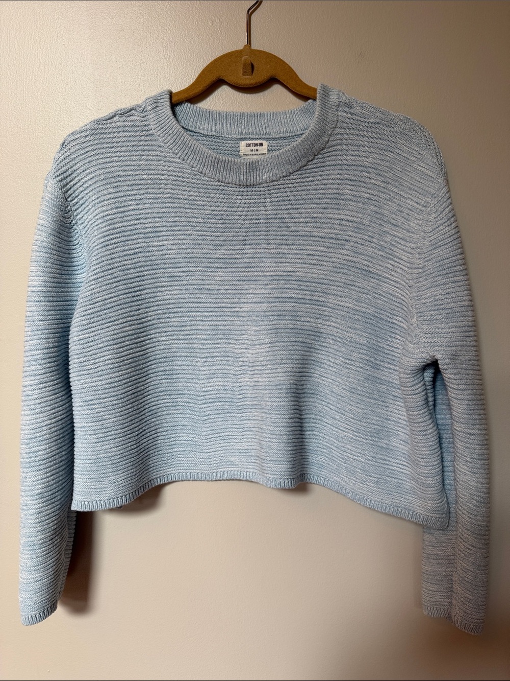 Cotton On Pale Blue Ribbed Cropped Crew Sweater